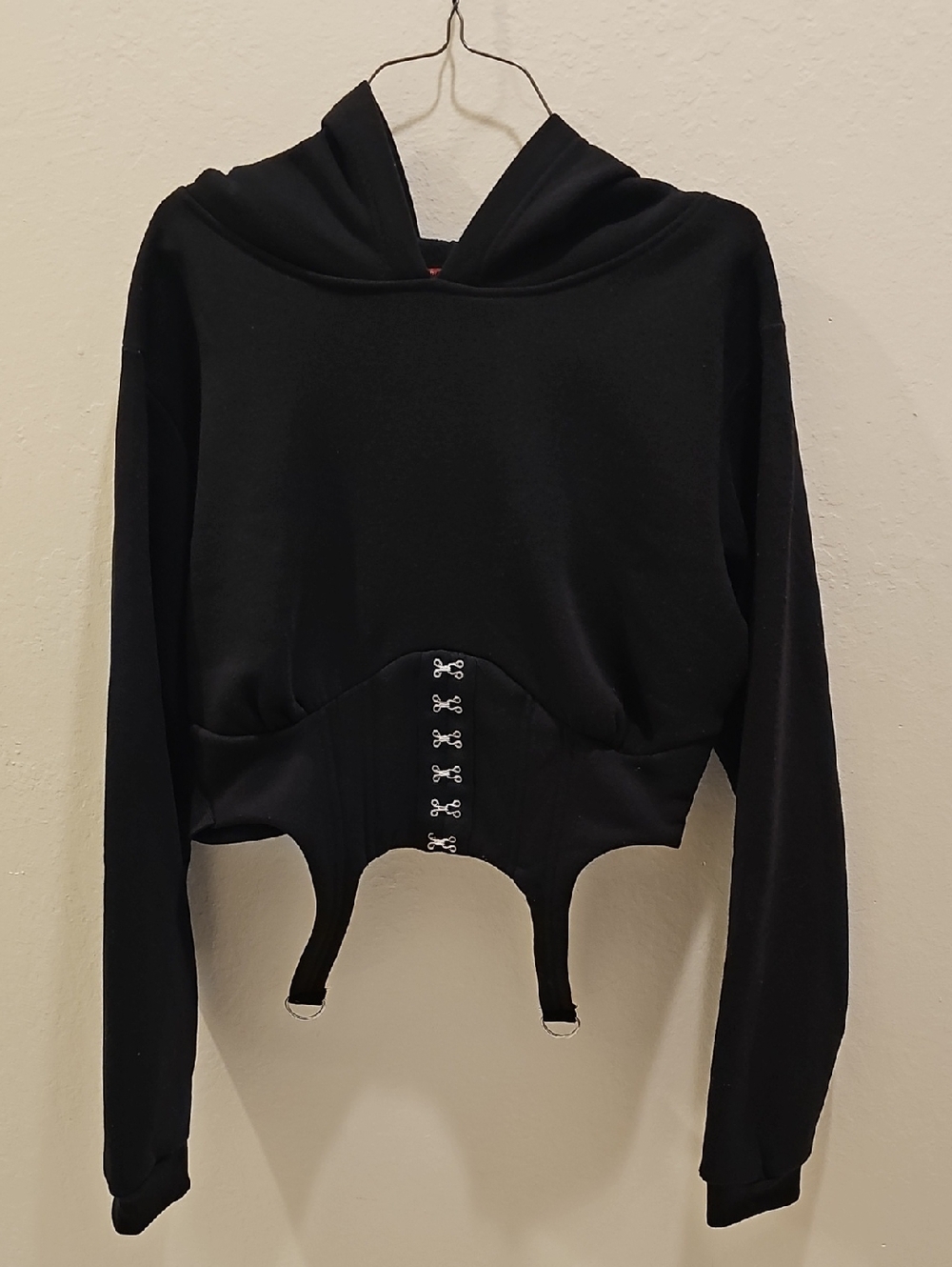 Black Corset-Detail Hooded Sweatshirt